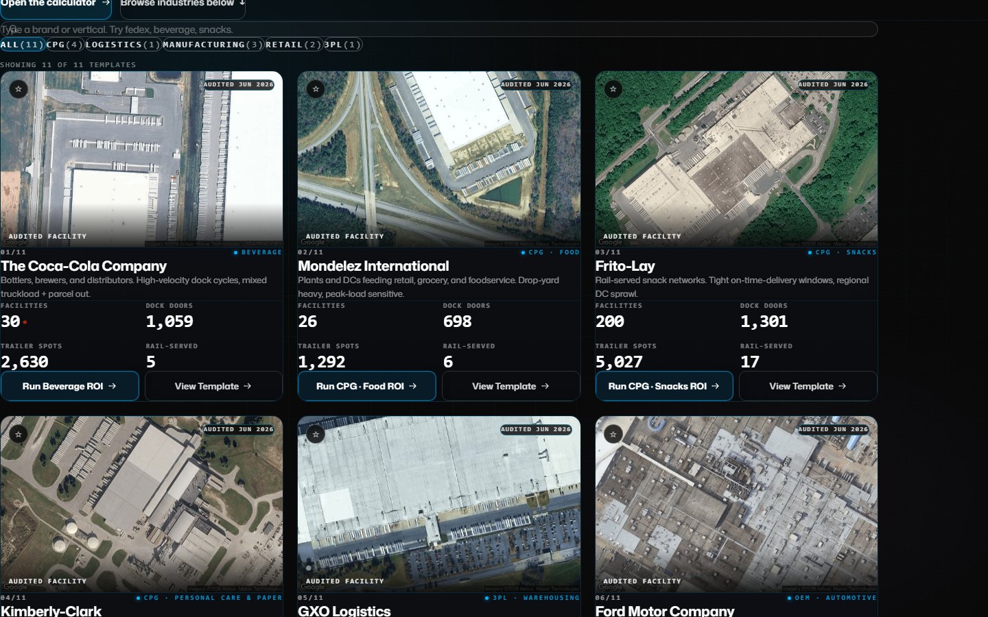 YardFlow industry template gallery — real prospect yards modeled from satellite imagery