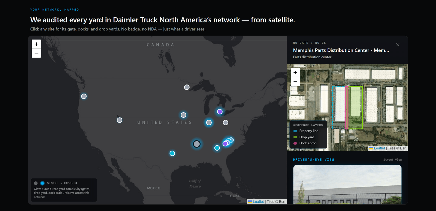 Live YardFlow network map of the Daimler Truck North America network