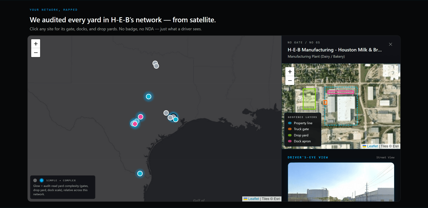 Live YardFlow network map of the H-E-B network